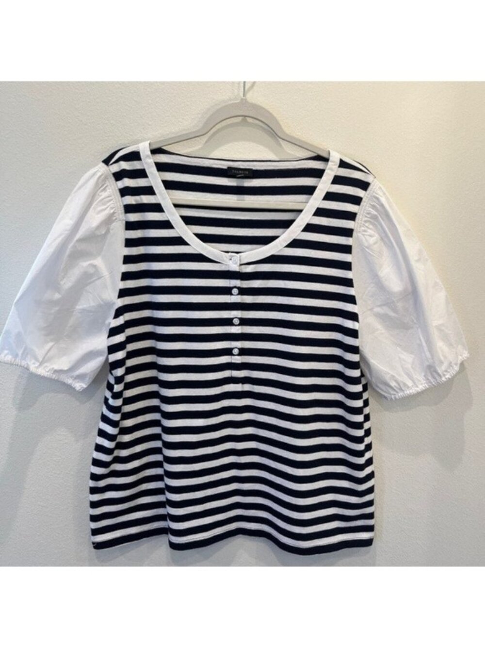 Talbots Women’s Blouse Navy & White Stripes Puff Sleeves Scoop Neck Chic XL